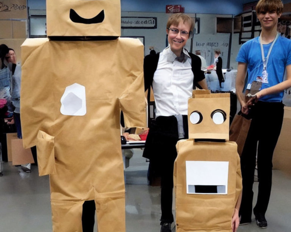 Two homemade cardboard robot costumes with a smiling person