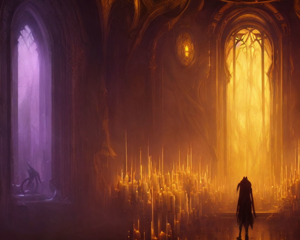 Cloaked Figure Surrounded by Lit Candles in Grand Gothic Hall