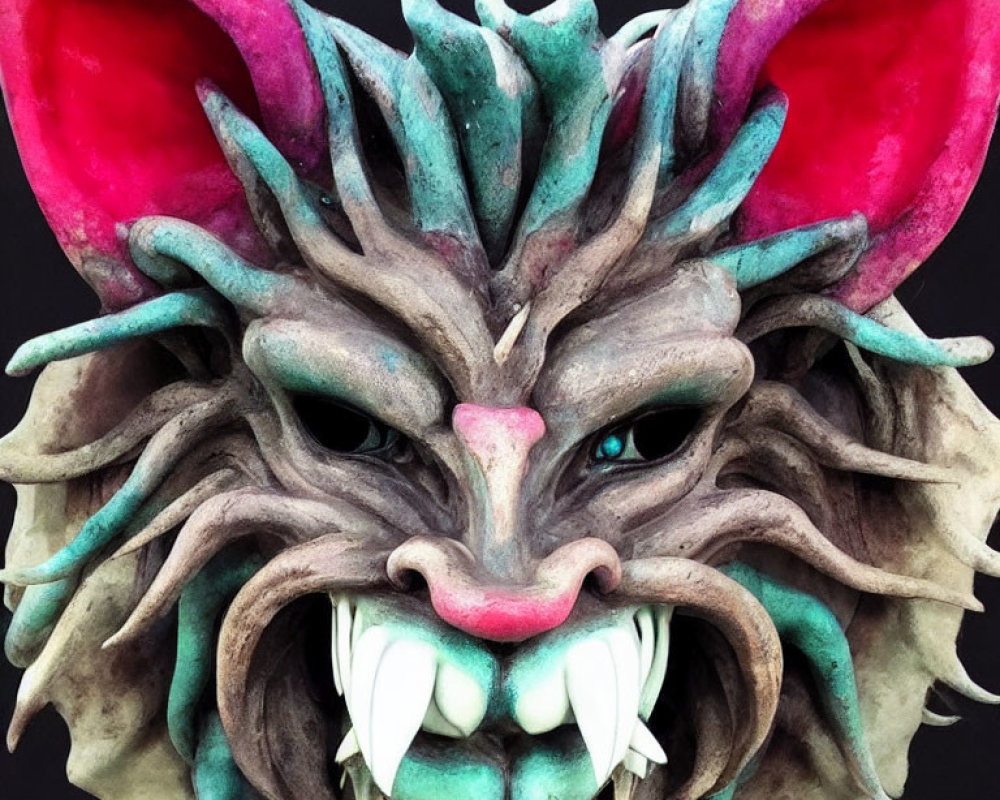 Fantasy-themed feline mask with colorful design on black background