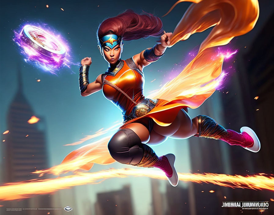 Female superhero illustration: dynamic pose, orange and blue costume, energy powers, mystical disc.