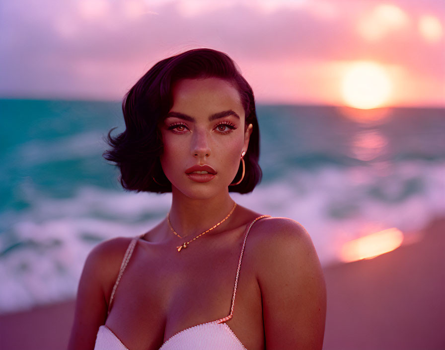 Woman with short dark hair poses on beach at sunset with ocean and pink-blue sky