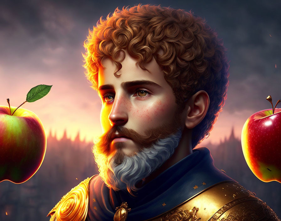 Young man with curly hair and beard in armor with floating apples on fiery dusk background