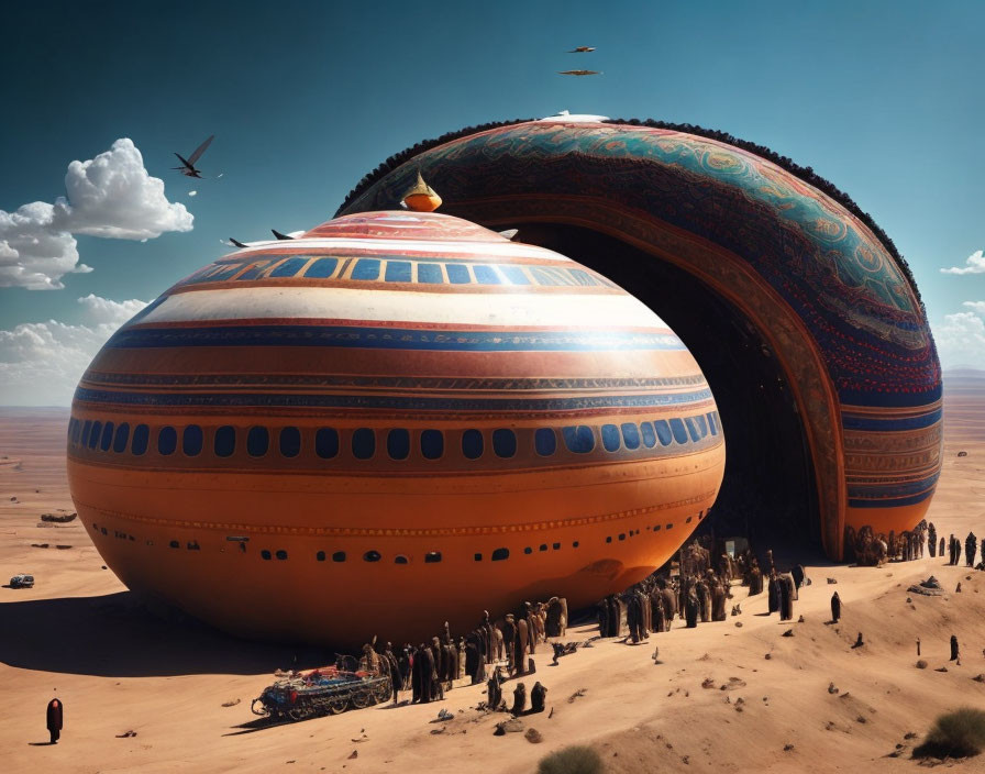 Giant patterned sphere half-buried in desert with people and vehicle.