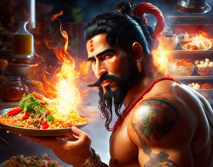 Muscular man with fiery beard presents flaming dish at feast with tattoos and red mark