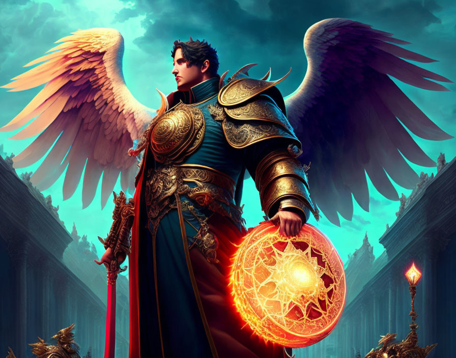 Majestic winged warrior in ornate armor with glowing shield and sword in fantastical setting