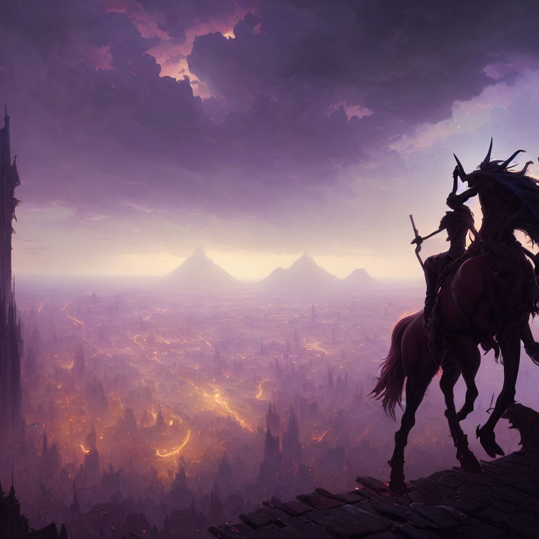 Silhouette of horseback rider gazing at fantasy city and volcanic mountains at dusk