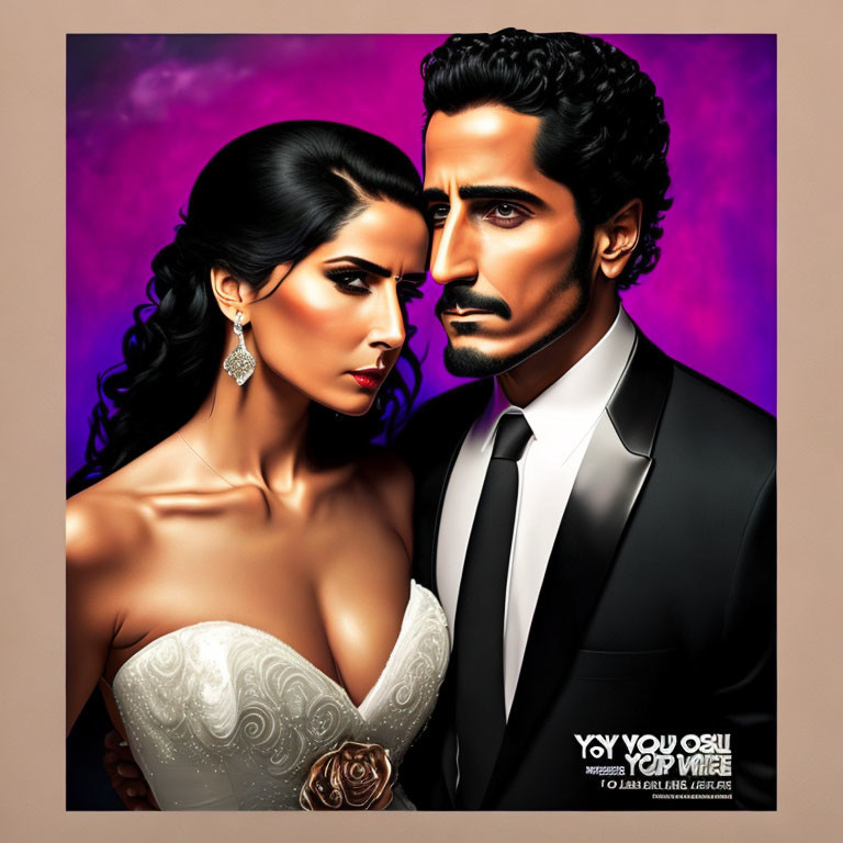 Elegant couple in formal attire on purple background