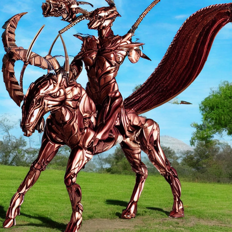 Metallic Dragon Sculpture with Knight: Detailed Craftsmanship on Blue Sky and Green Grass