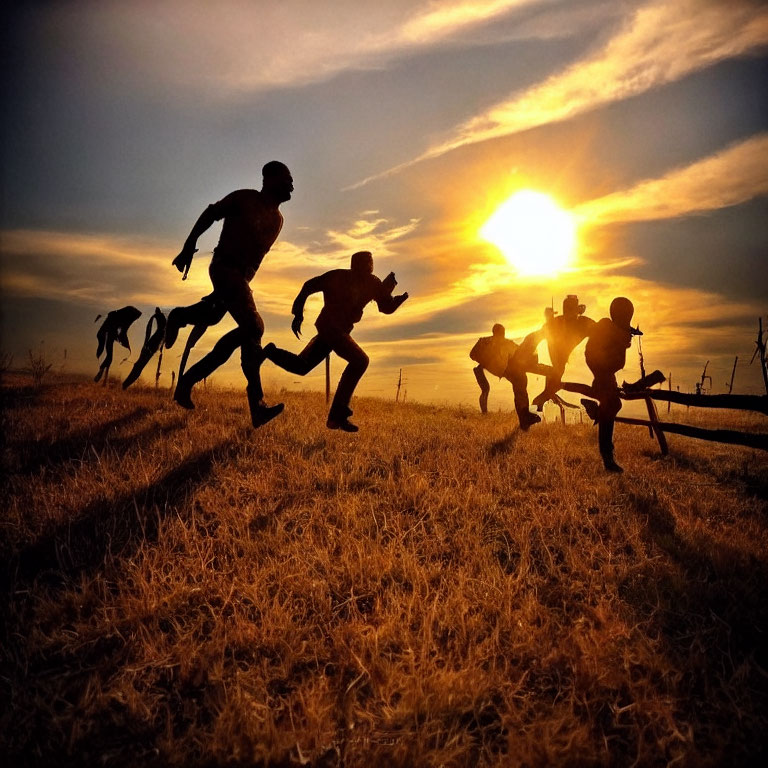 Silhouettes of people running in sunset field with dynamic poses