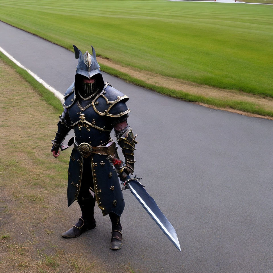 Medieval knight in full armor with sword walking by grassy path