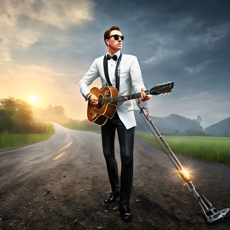 Stylish Man in White Tuxedo with Guitar on Empty Road at Dawn