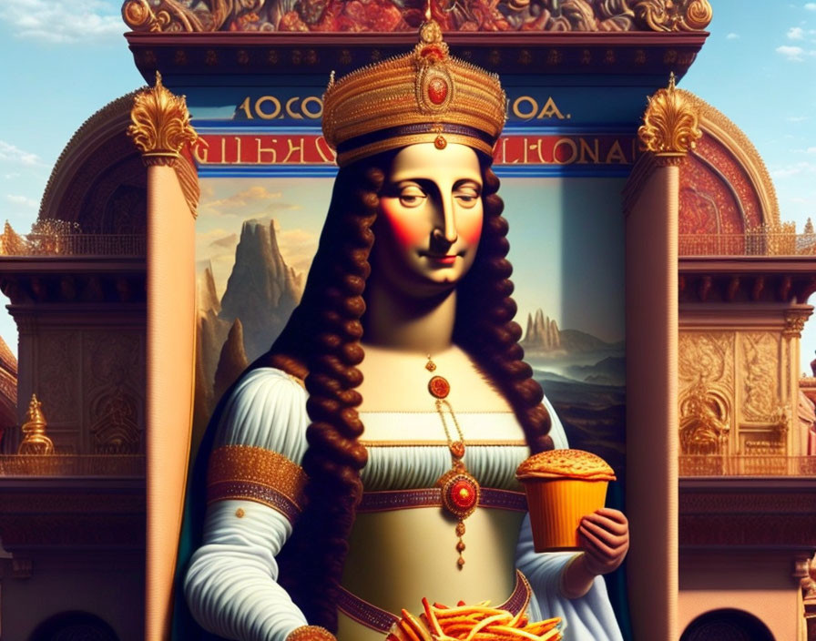 Digital artwork: Mona Lisa & Babylonian queen fusion with serene woman and golden goblet