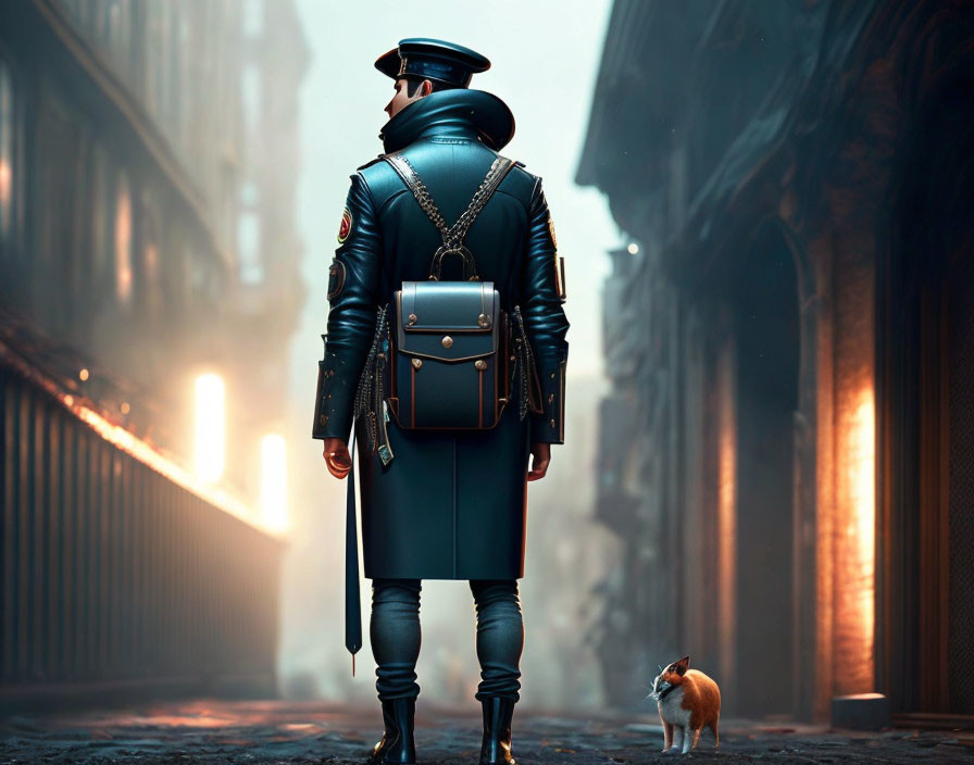 Person in blue uniform and helmet with small dog in foggy alley