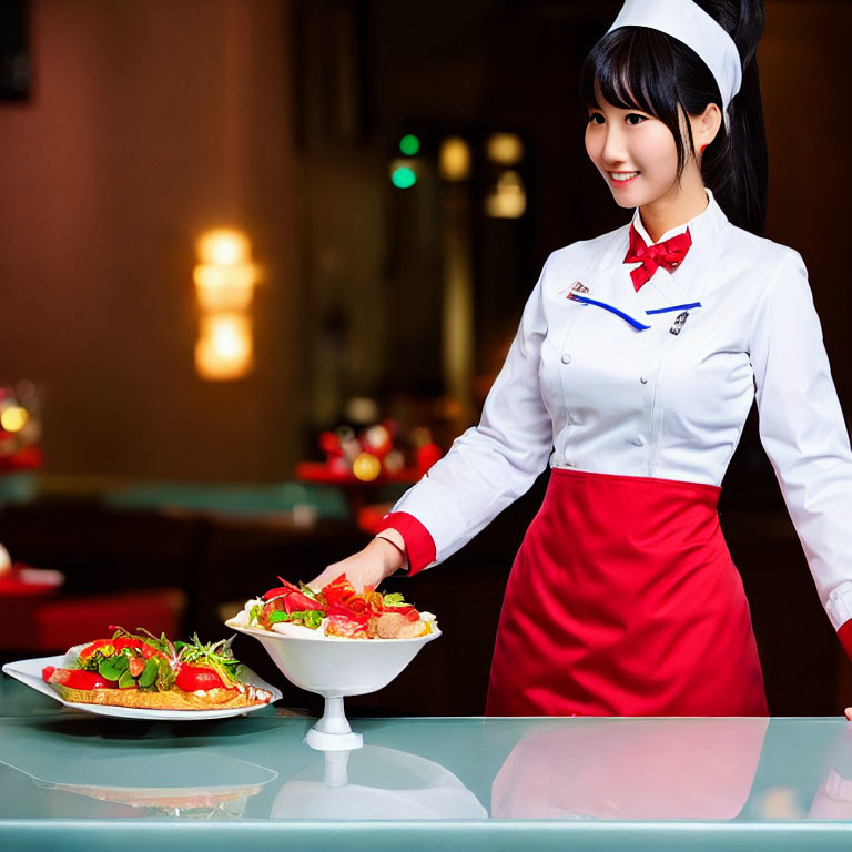 Female server in white and red uniform presenting food in restaurant setting