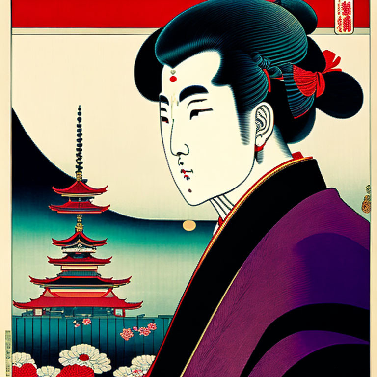 Japanese Woodblock Print: Geisha, Pagoda, Cherry Blossoms