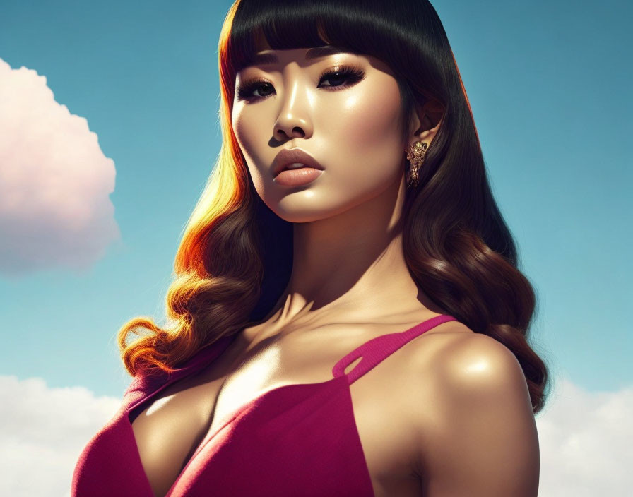 Glamorous woman with bold makeup and pink top under blue sky