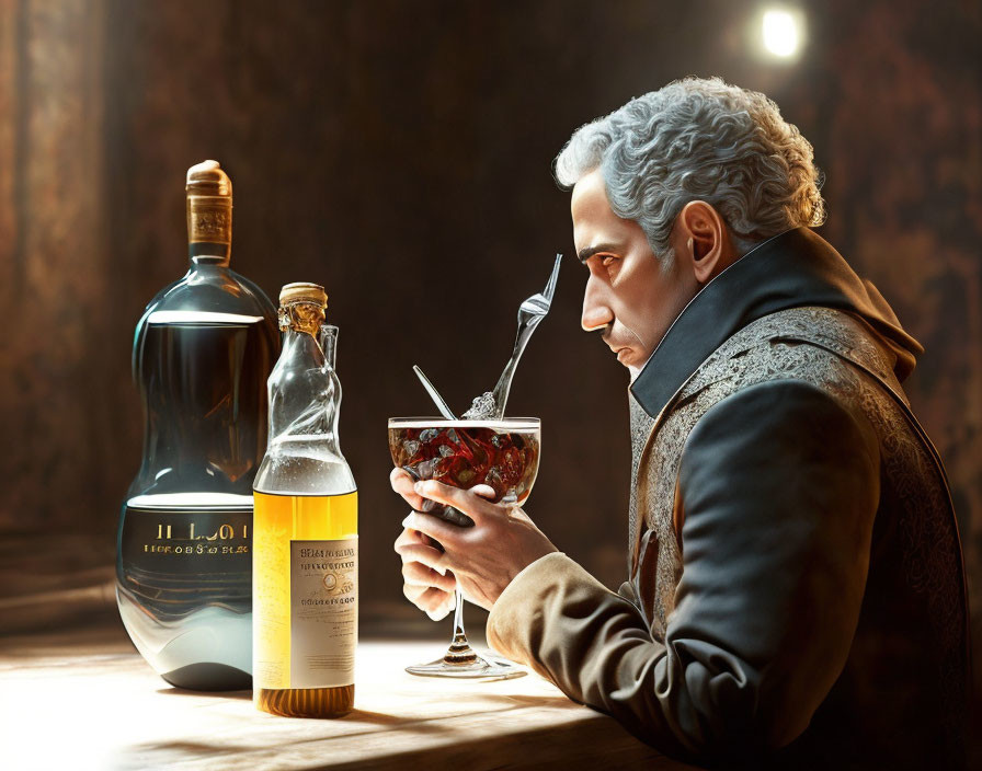 Historical man sips drink from crystal glass on wooden table.