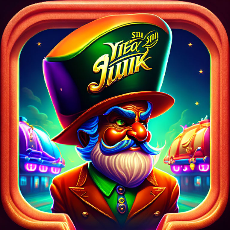 Whimsical bearded character in green top hat on vibrant carnival background