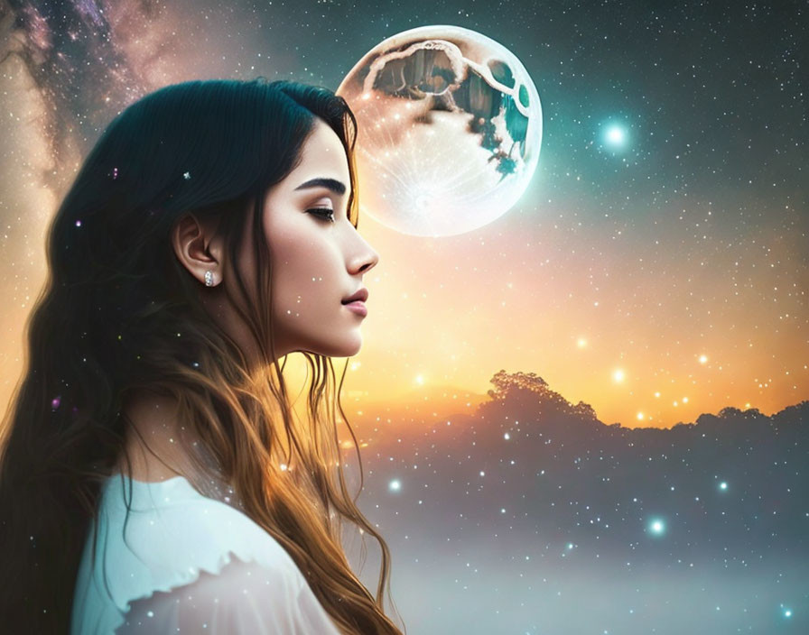 Surreal portrait of woman with star-speckled hair in cosmic scene