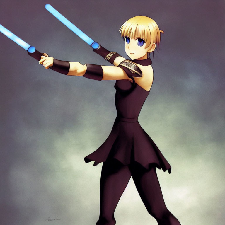 Blonde Anime Girl in Black Dress with Blue Lightsabers