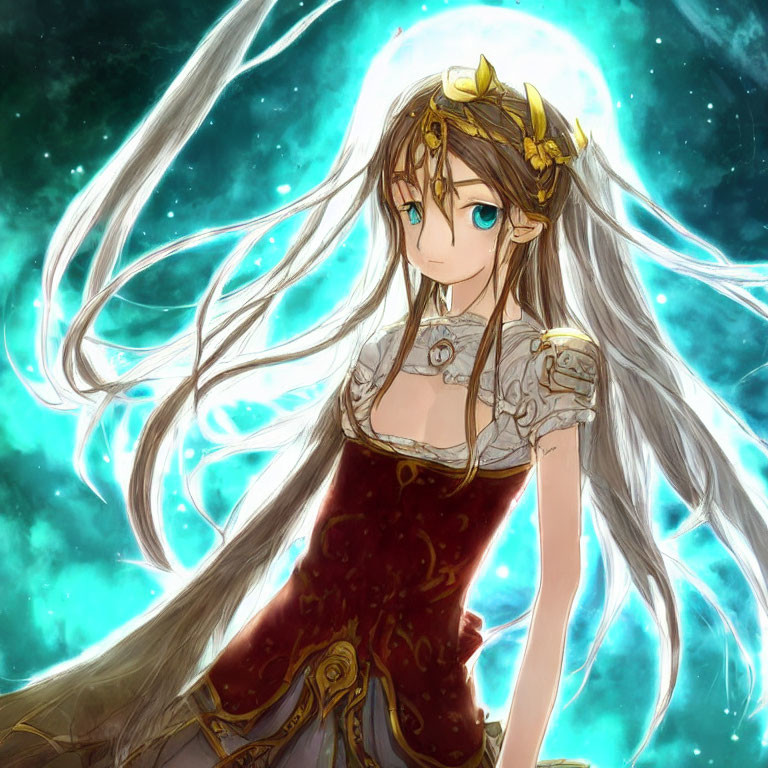 Animated female character in red and gold dress with tiara against starry backdrop