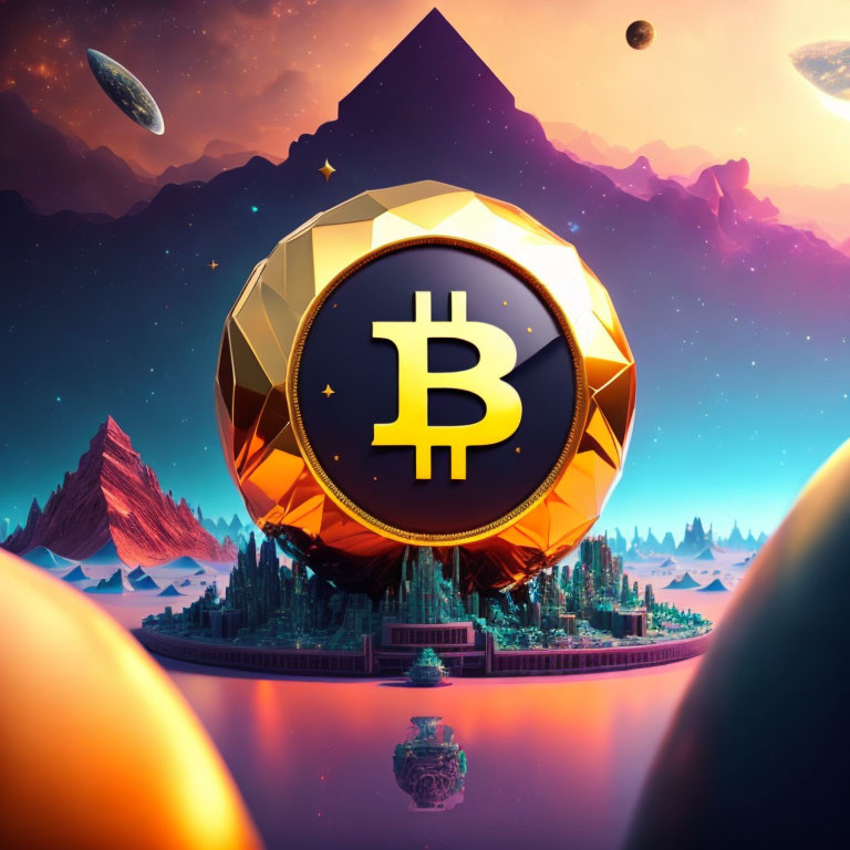 Futuristic landscape with Bitcoin emblem, floating planets, pyramid, and cityscape