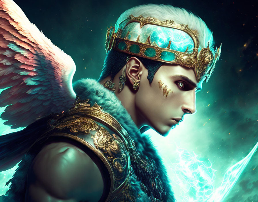 Fantastical character with white hair, angel wings, golden crown, and armor in cosmic setting