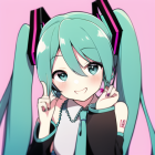 Colorful anime character with turquoise hair and headset in black and white outfit on pink bokeh.