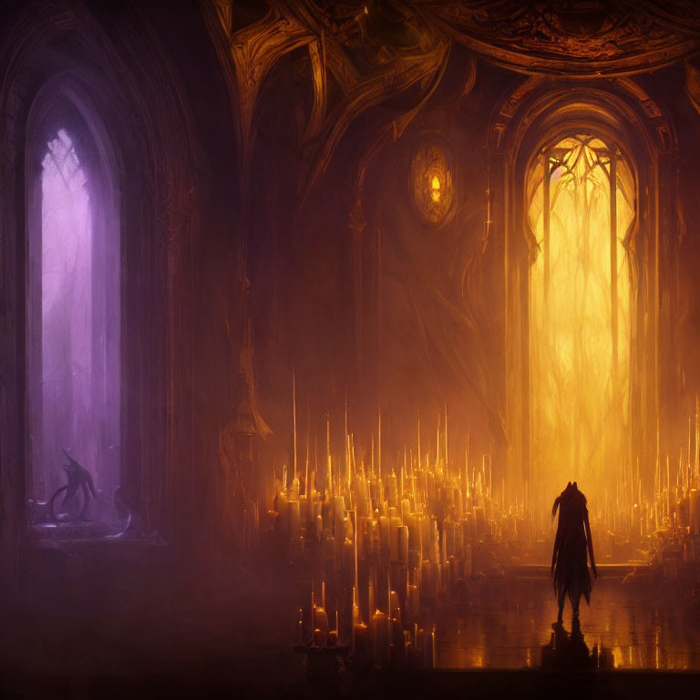 Cloaked Figure Surrounded by Lit Candles in Grand Gothic Hall