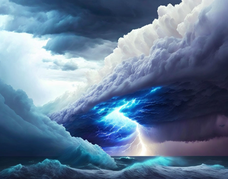 Stormy Ocean Scene with Lightning Strikes and Tumultuous Waves