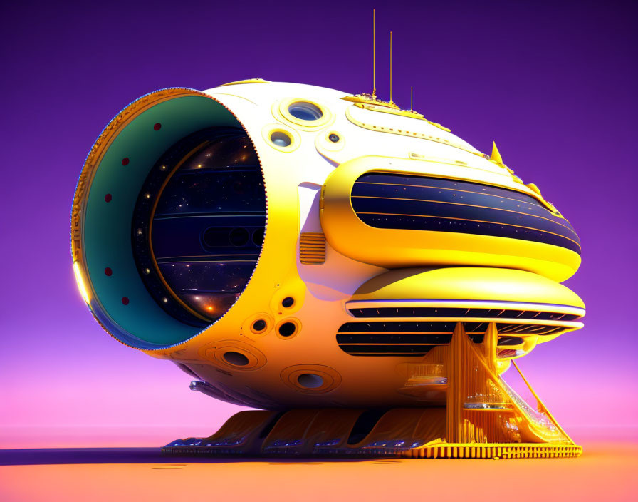 Futuristic yellow and white spaceship on platform against purple and orange background