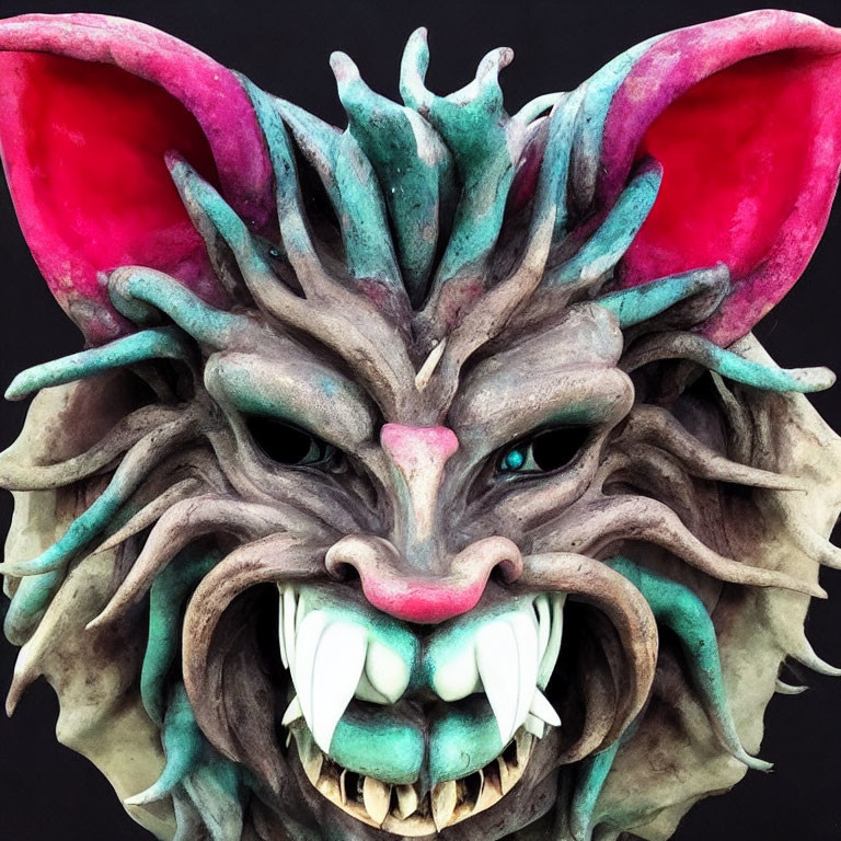 Fantasy-themed feline mask with colorful design on black background