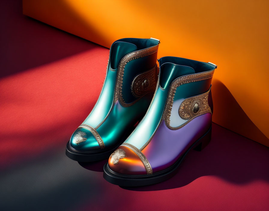 Iridescent ankle-length boots on red and yellow background