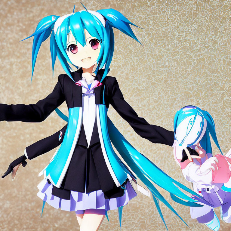 Illustration of virtual pop idol with turquoise twin tails in black school uniform