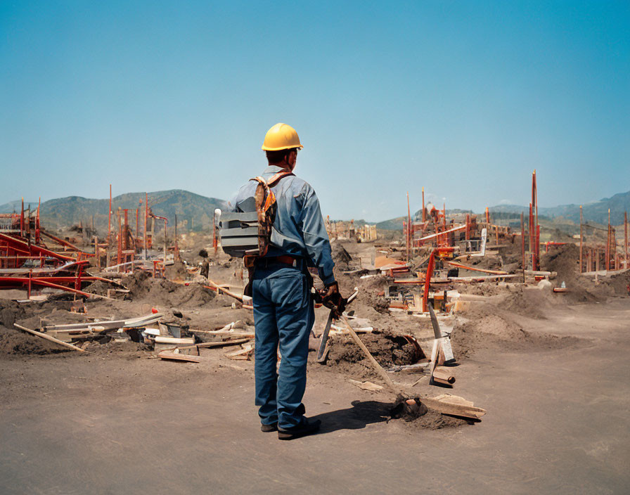 Construction site worker in hard hat and reflective vest with scaffolding and building materials.