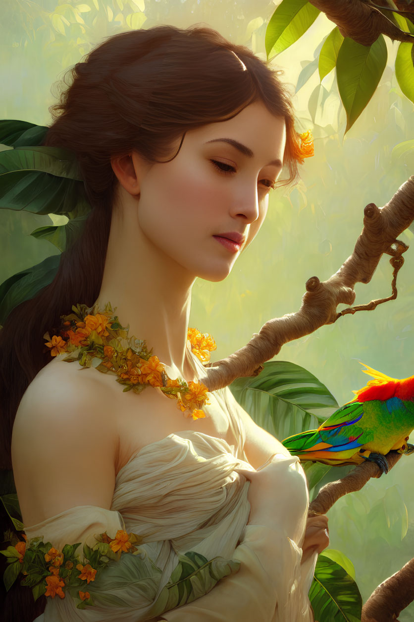 Woman with flowers in hair holding colorful bird in lush green setting