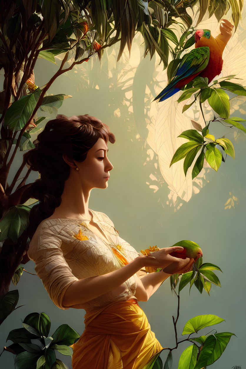 Woman in yellow and white attire with bird in lush greenery