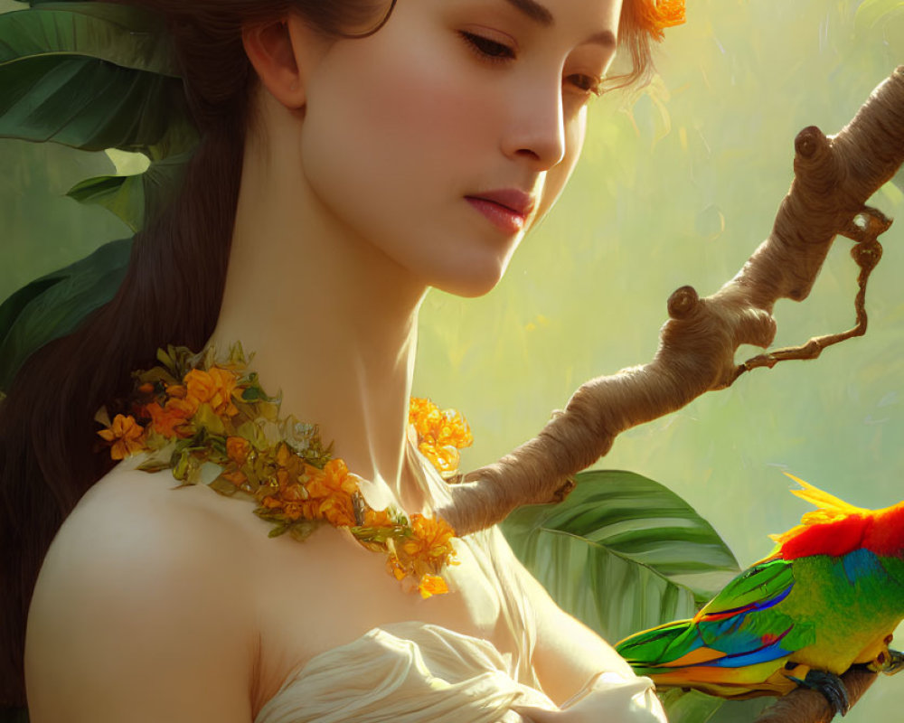 Woman with flowers in hair holding colorful bird in lush green setting