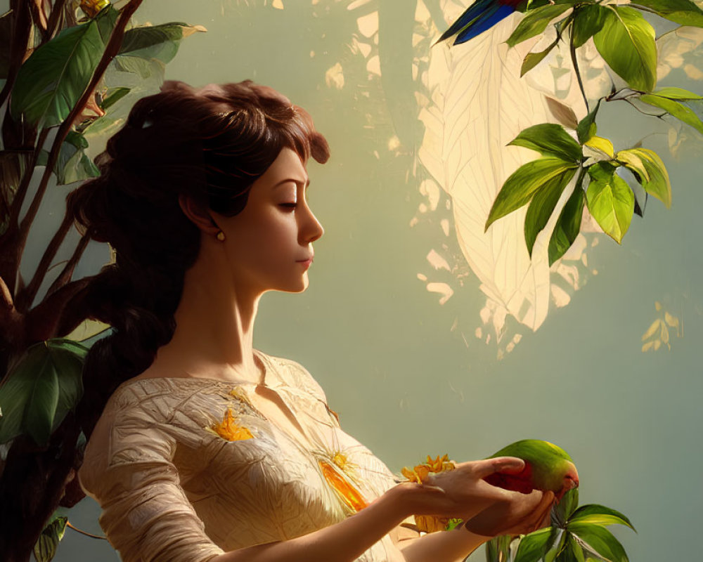 Woman in yellow and white attire with bird in lush greenery