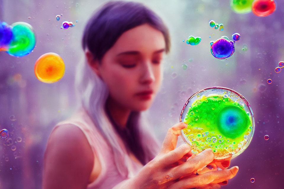 Person holding luminous, colorful bubble in dreamy background