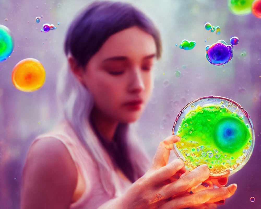 Person holding luminous, colorful bubble in dreamy background