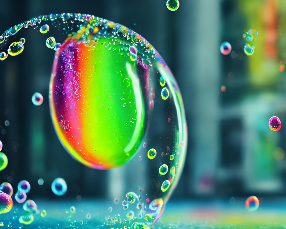 Colorful soap bubbles with rainbow reflections on vibrant background