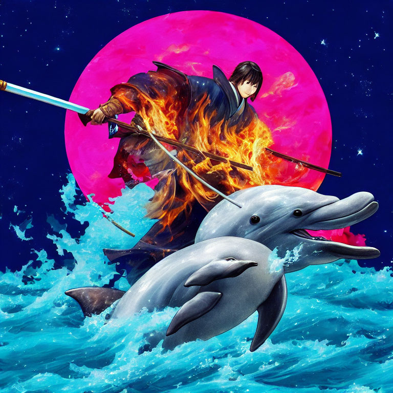 Person with flaming spear rides dolphins over waves under pink moon