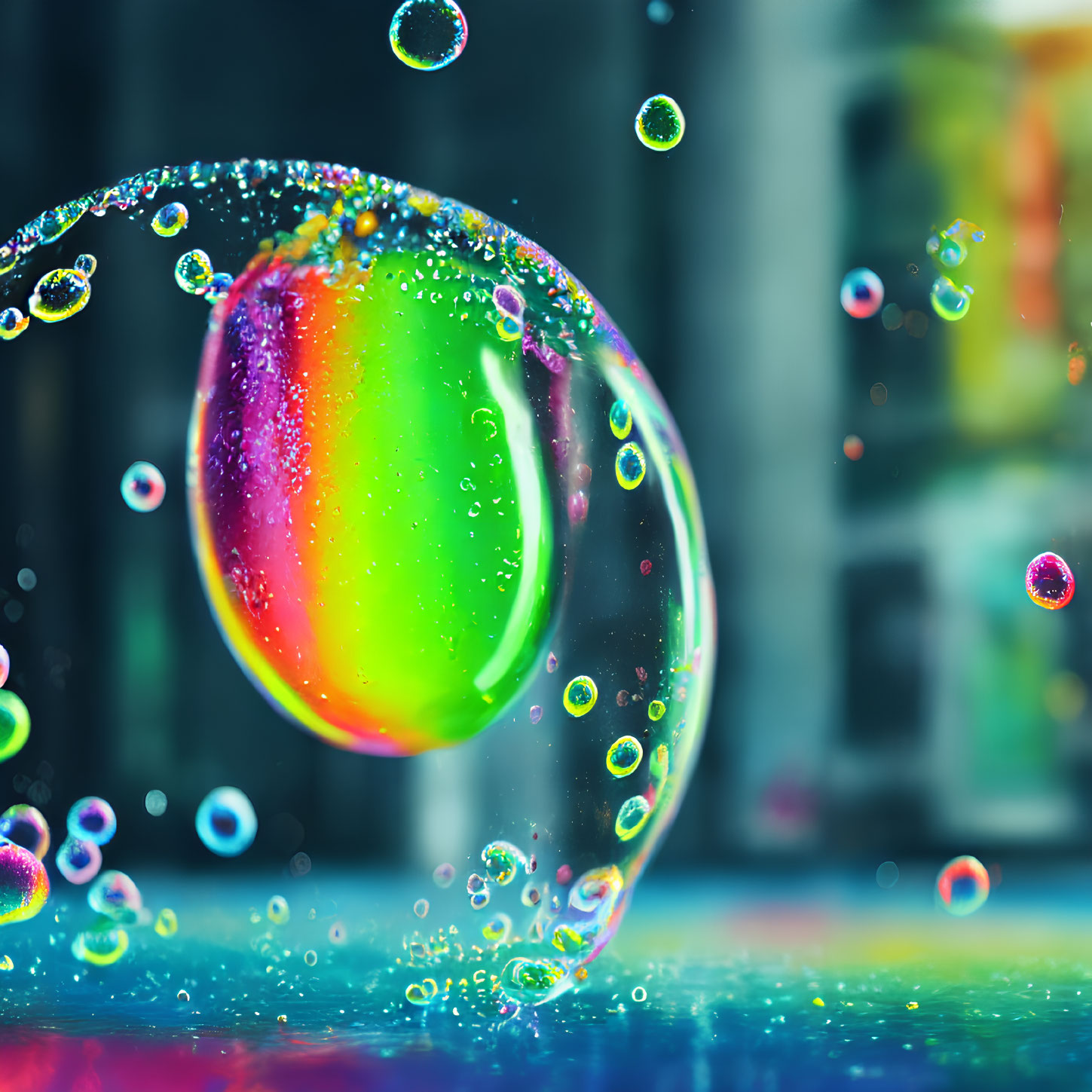 Colorful soap bubbles with rainbow reflections on vibrant background