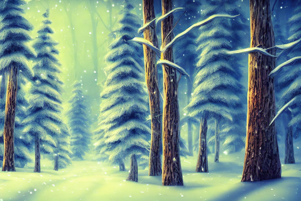 Snow-covered winter landscape with serene fir trees and falling snowflakes