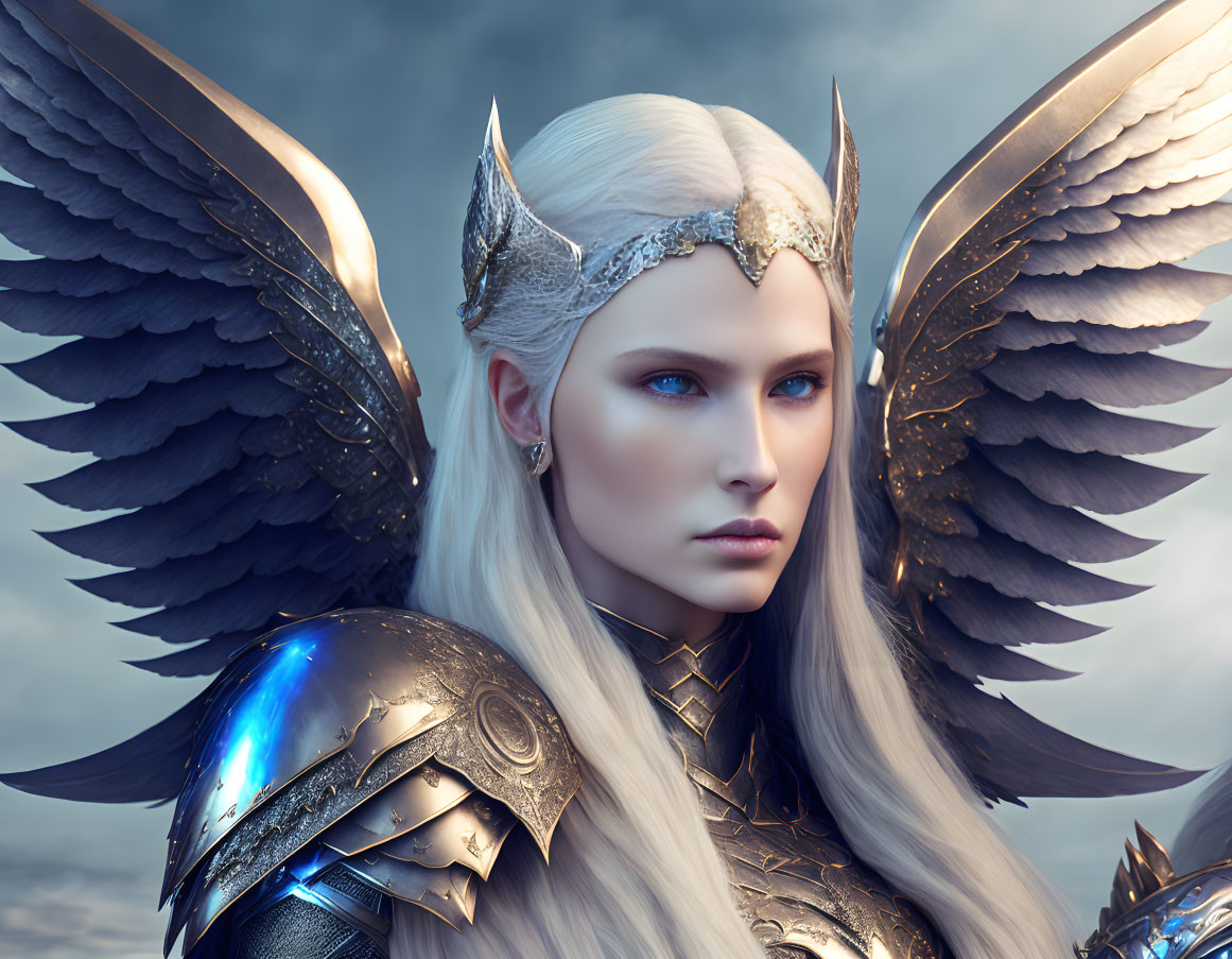 Fantasy female figure in metallic armor with winged helmet and feathered wings on cloudy sky.