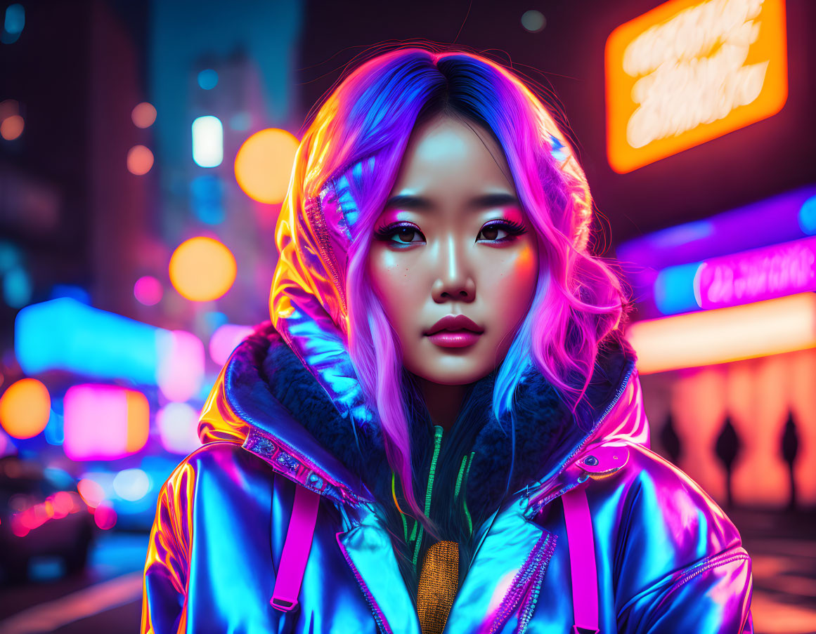 Colorful Woman in Metallic Jacket Under Neon City Lights