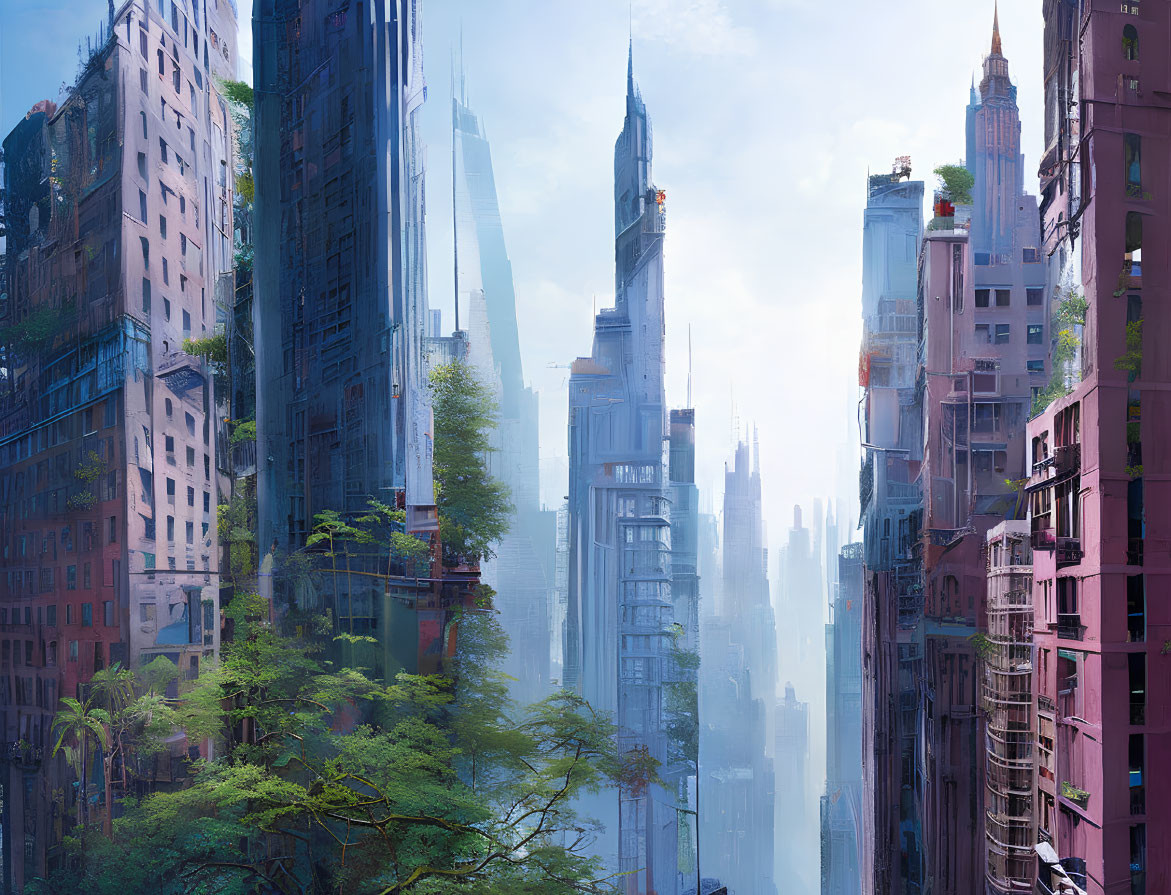 Futuristic cityscape with skyscrapers and lush vegetation blend