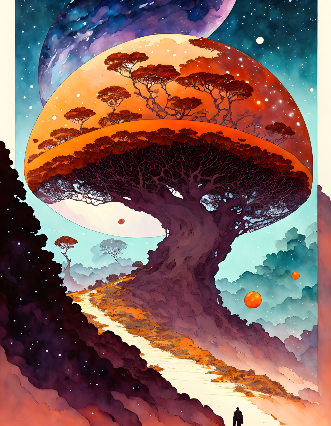 Colorful artwork: Person on path to giant tree with cosmic backdrop.