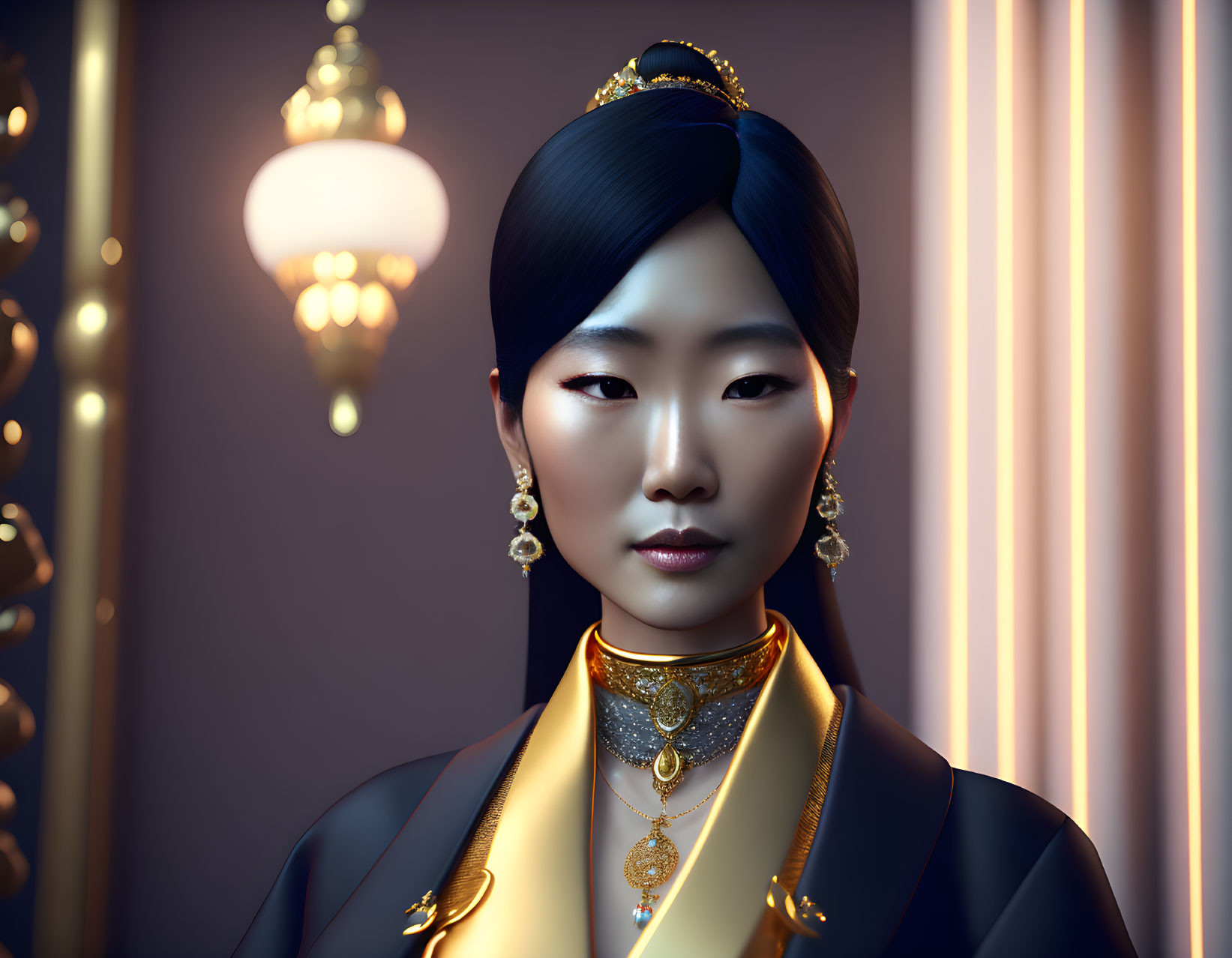 Asian woman in traditional attire with gold jewelry in dimly lit room